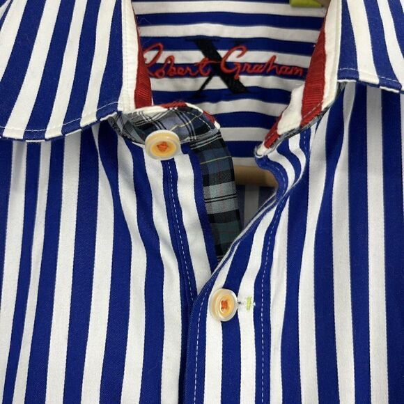 Robert Graham X Shirt Size Medium Mens Blue White Stripe Flip Cuff Tailored Fit - Picture 3 of 8